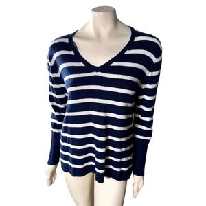 Vineyard Vines Navy White Striped V-Neck Sweater Women's L Lambswool Blend